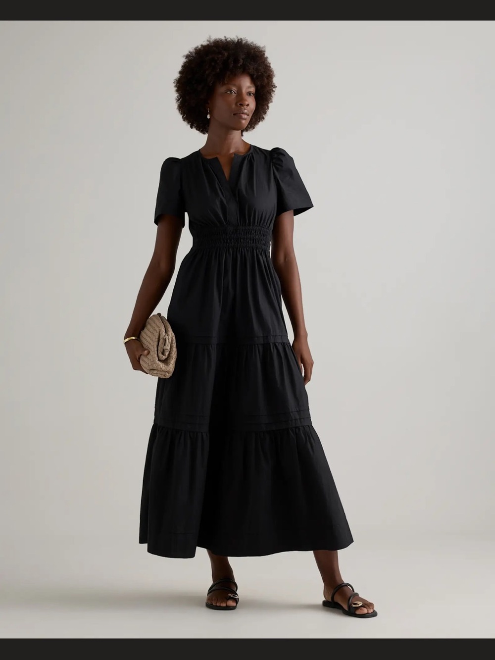Quince 100% Organic Cotton Poplin Tiered Maxi Dress Black Pockets Size L